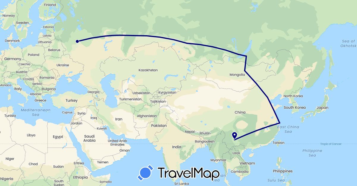 TravelMap itinerary: driving in China, Mongolia, Russia (Asia, Europe)
